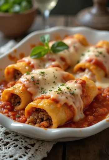 Baked cannelloni with tomato sauce and melted cheese