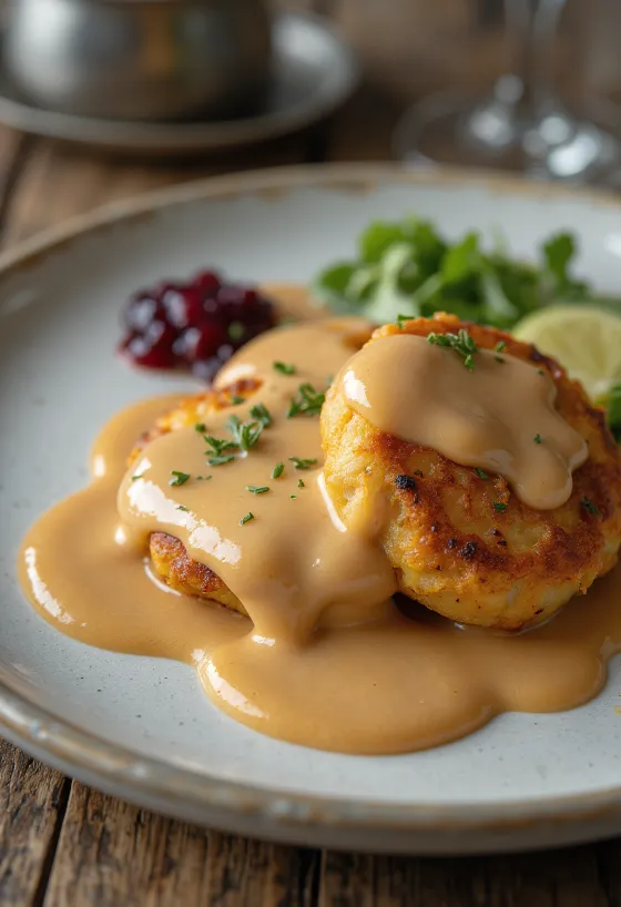 Norwegian meatballs with brown cheese gravy, served with fresh parsley