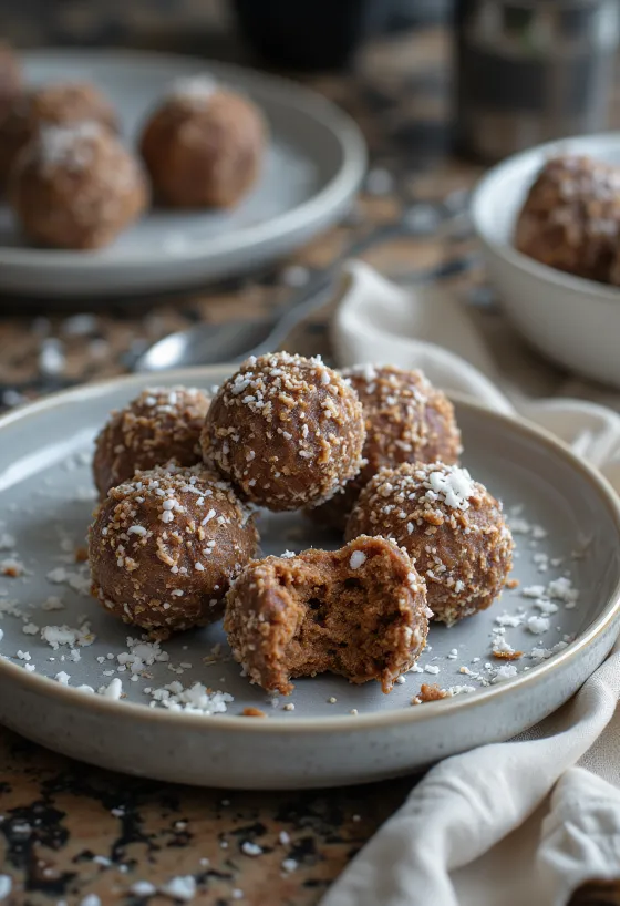 Coconut rum balls in a bowl, coated in shredded coconut