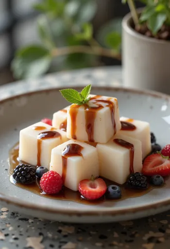 Creamy milk kuzumochi served with fresh berries in a white bowl