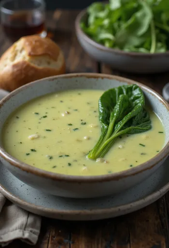 Creamy cauliflower and swiss chard soup served in a bowl
