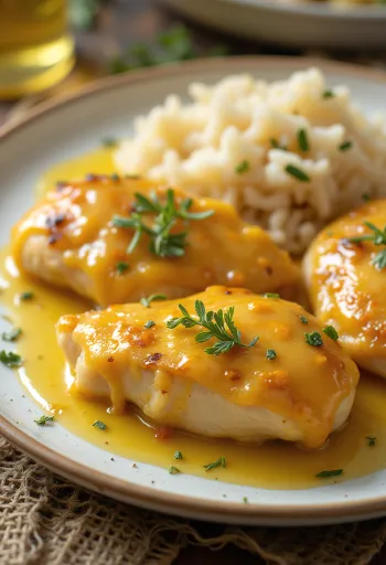 Juicy honey mustard chicken breast pan-seared to a crisp, served with fresh vegetables.