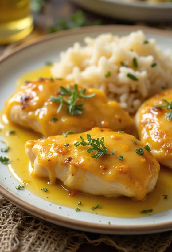 Juicy honey mustard chicken breast pan-seared to a crisp, served with fresh vegetables.