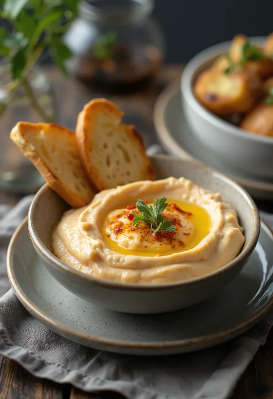 Roasted eggplant and red pepper dip served