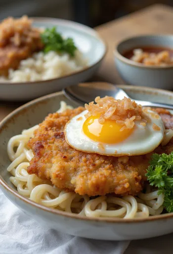 Tarako pollock roe stuffed katsudon, crispy chicken and rich soy sauce