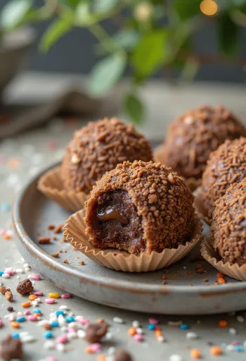 Salted Caramel Brigadeiros coated in chocolate sprinkles.