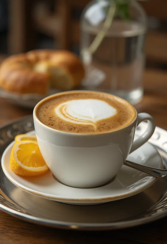 Cinnamon-ginger latte garnished with cinnamon stick and ginger