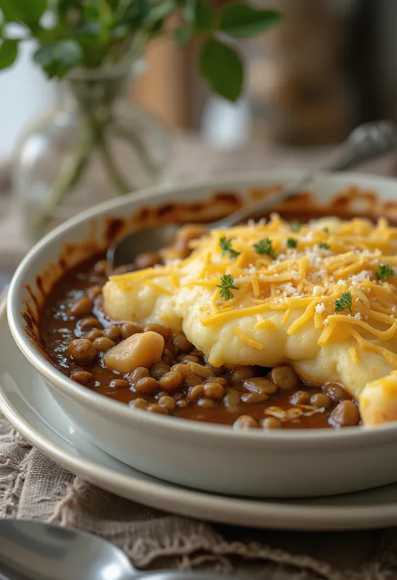 Fish pie with lentils, golden brown creamy mash and fish filling