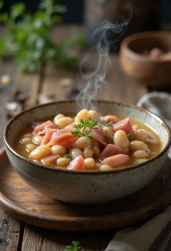 Smoked ham and bean stew garnished with parsley