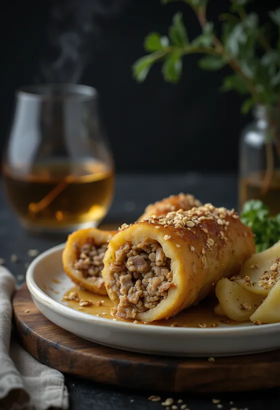 Haggis served with mashed potatoes and turnips