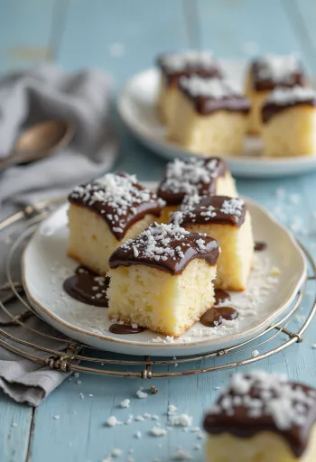 Coconut cubes coated in chocolate and shredded coconut