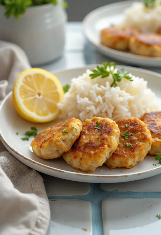 Turkey meatballs served with steamed rice and parsley