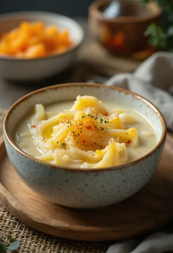 Creamy squash stew with dill and sour cream, served with a crusty roll.