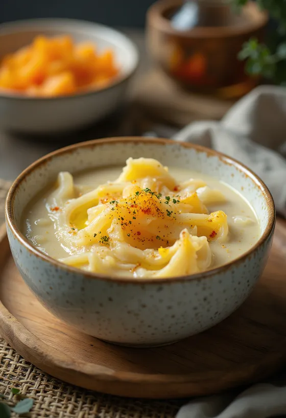 Creamy squash stew with dill and sour cream, served with a crusty roll.