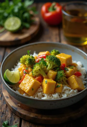 Vegetable curry with tofu and rice
