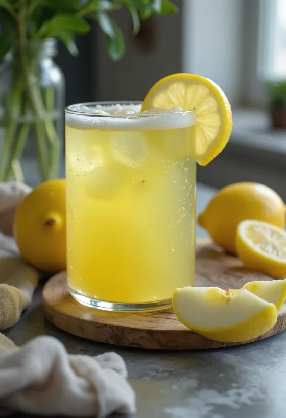 Apple lemon juice in a tall glass garnished with apple and lemon slices