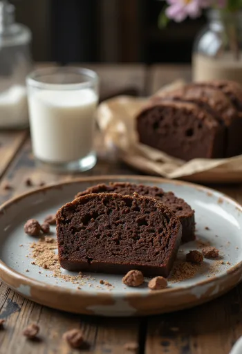 Broa de fubá with chocolate, a slice of chocolate cornmeal cake on a plate.