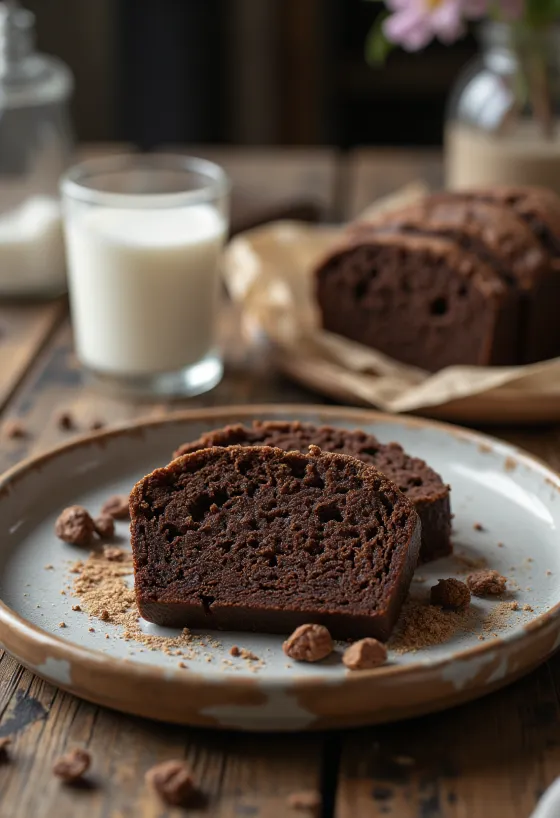 Broa de fubá with chocolate, a slice of chocolate cornmeal cake on a plate.