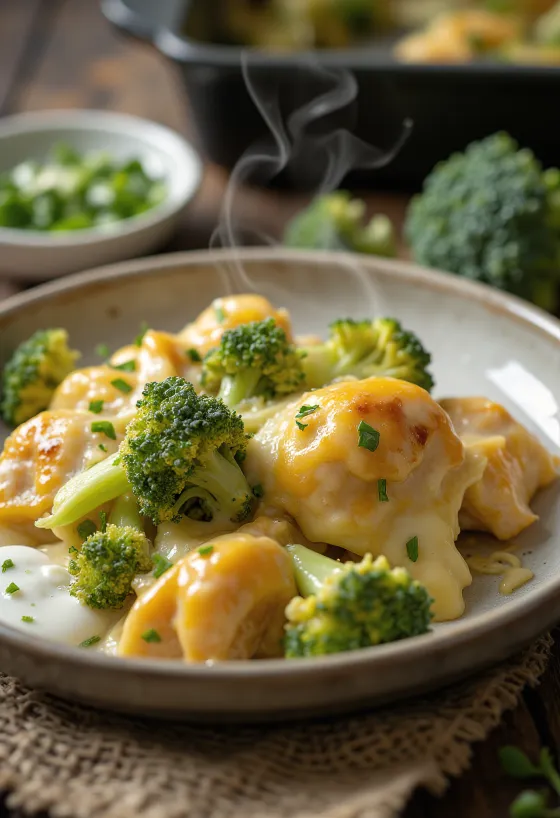 Cheesy chicken and broccoli casserole with golden crust