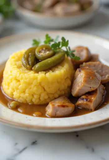 Fungee with stewed pork – cornmeal dish served with okra and saucy meat