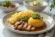 Fungee with stewed pork – cornmeal dish served with okra and saucy meat