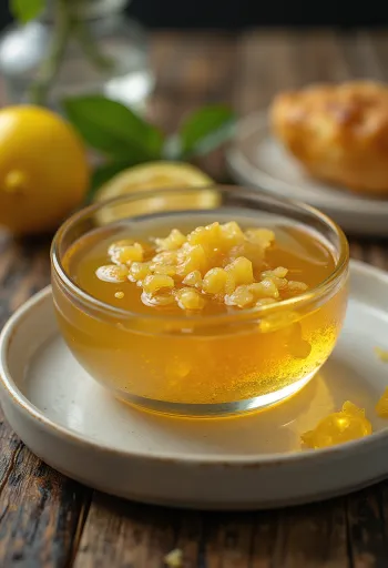 Honey lemon glaze with ginger in a bowl, garnished with lemon slices and ginger.