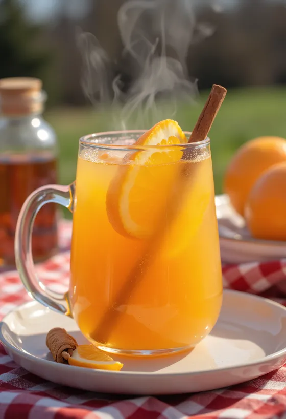 Honey-orange punch garnished with orange slices and cinnamon