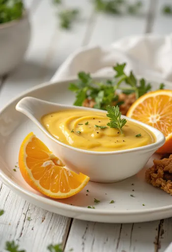 Orange mustard sauce served in a gravy boat
