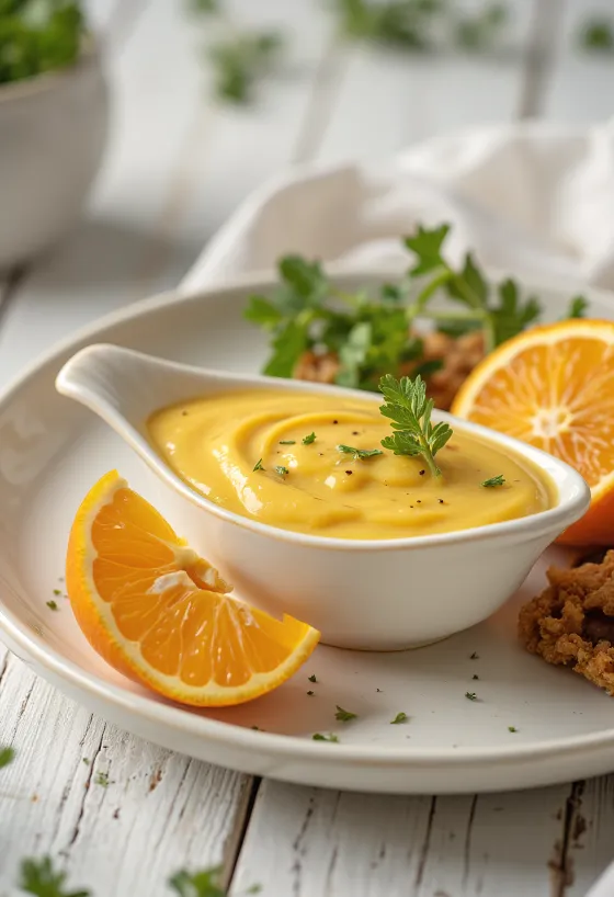 Orange mustard sauce served in a gravy boat