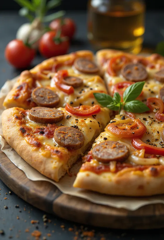 Hungarian pizza with smoked sausage and sour cream
