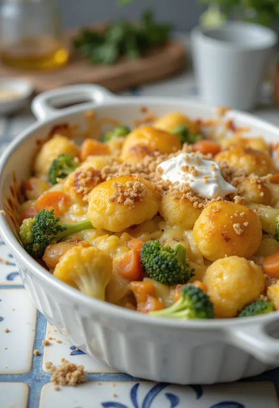 Vegetable casserole with tender roasted vegetables, creamy sauce, and melted cheese on top