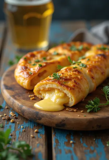 Golden stromboli filled with melted smoked cheese