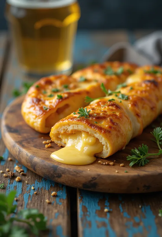 Golden stromboli filled with melted smoked cheese