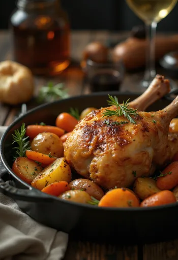 Roasted duck legs with crispy skin and root vegetables