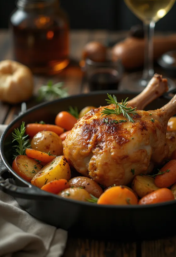 Roasted duck legs with crispy skin and root vegetables