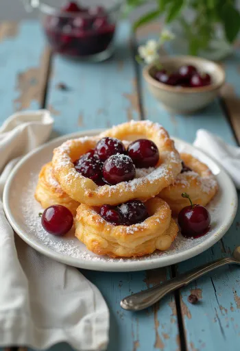 Zeppole filled with sour cherry jam and dusted with sugar