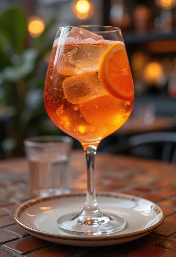 Aperol Spritz garnished with orange slice and ice