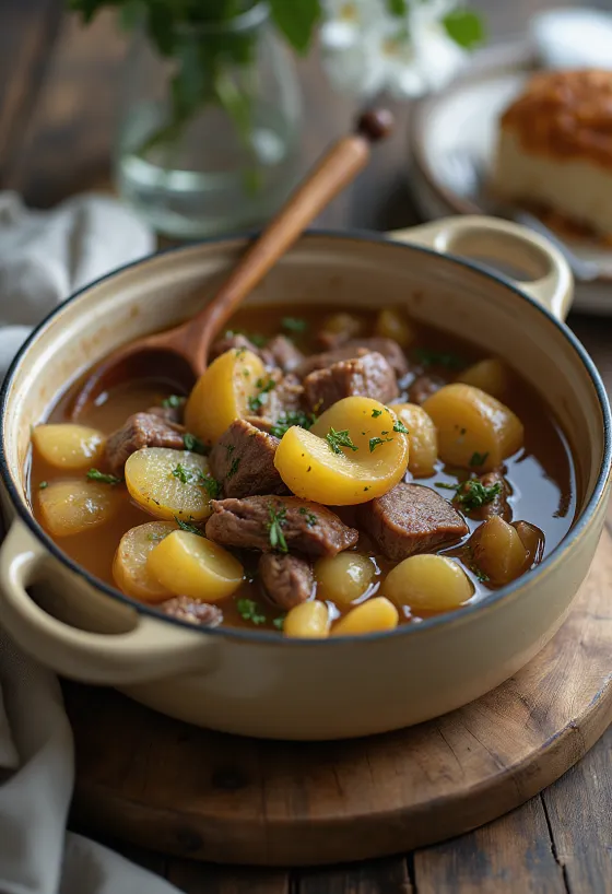 Baeckeoffe French meat stew with wine served