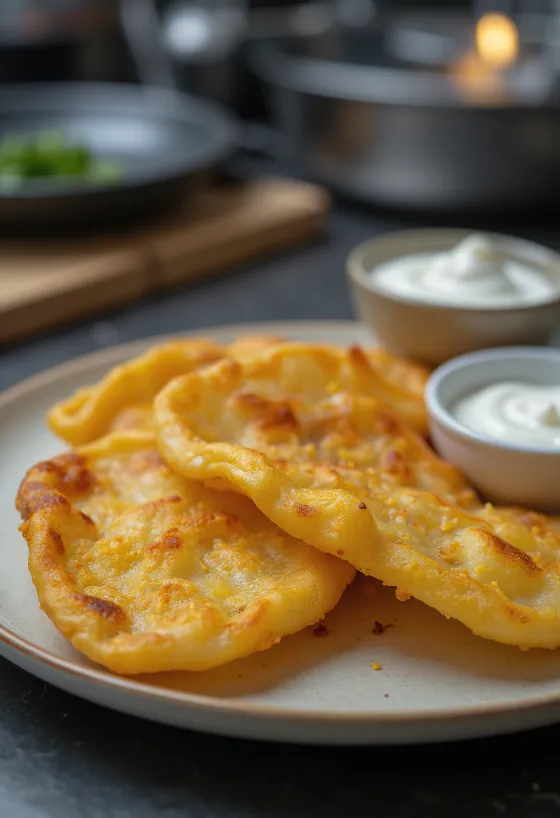 Golden brown potato lángos topped with garlic sour cream and grated cheese.