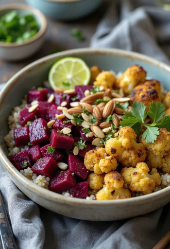 Beet cauliflower Buddha bowl with lime