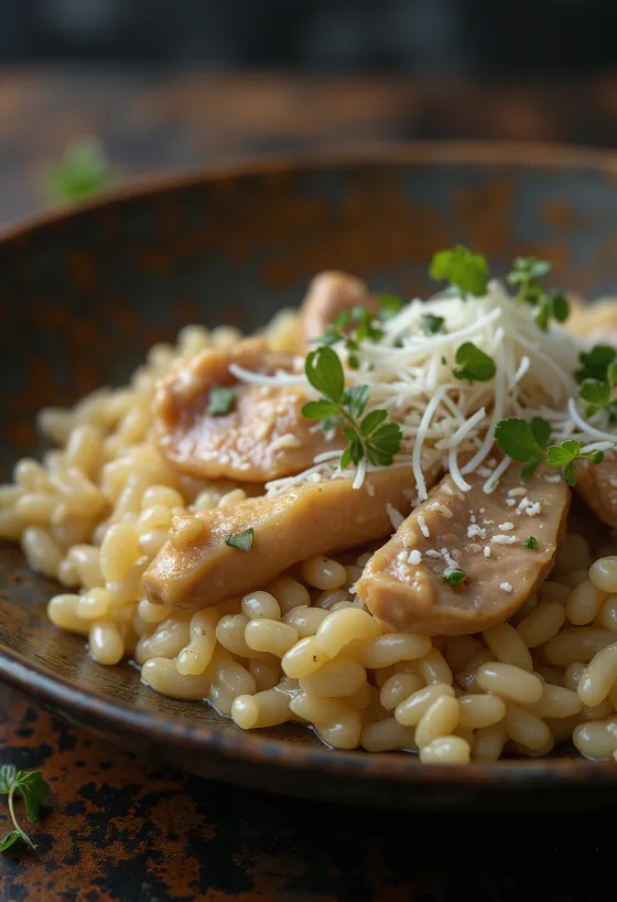 Chicken liver risotto garnished with parmesan and parsley