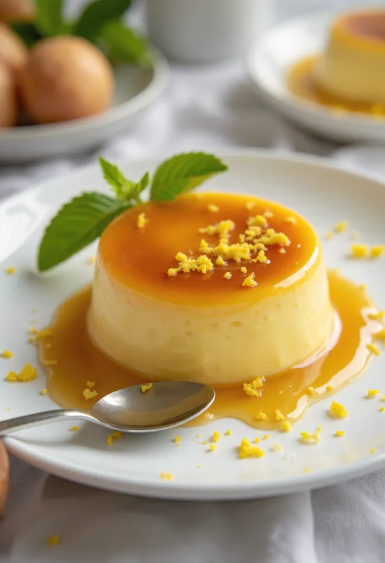 Lemon Flan served with caramel sauce