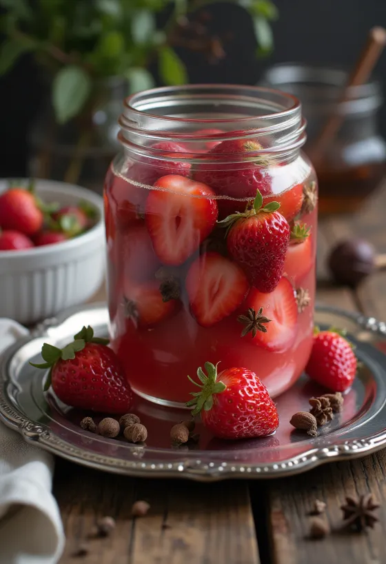 Jar of spicy pickled strawberries