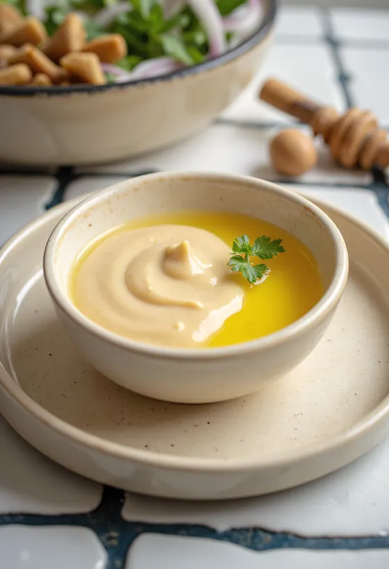 Honey ginger tahini sauce served.
