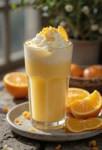 Orange-vanilla frappé with whipped cream and orange zest