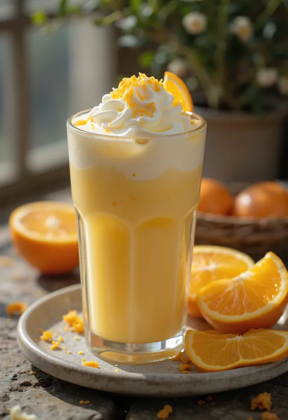 Orange-vanilla frappé with whipped cream and orange zest