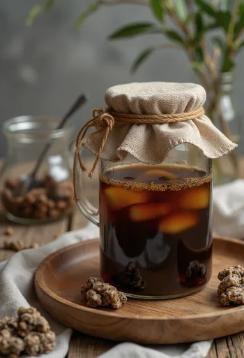 Black tea kombucha served in a transparent glass, light amber color