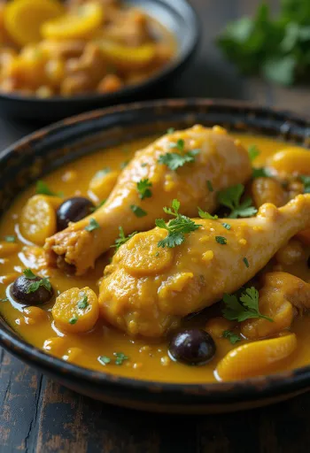 Tagine chicken with preserved lemons served in a traditional tagine