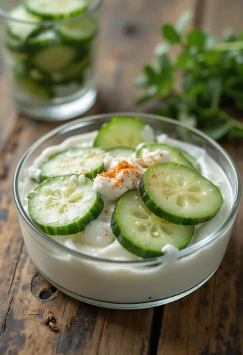 Fresh creamy cucumber salad garnished with paprika