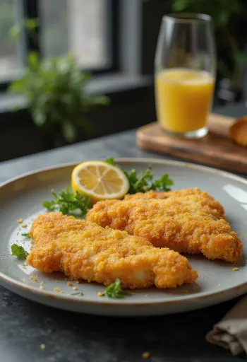 Crispy Wiener Schnitzel served with lemon and potatoes